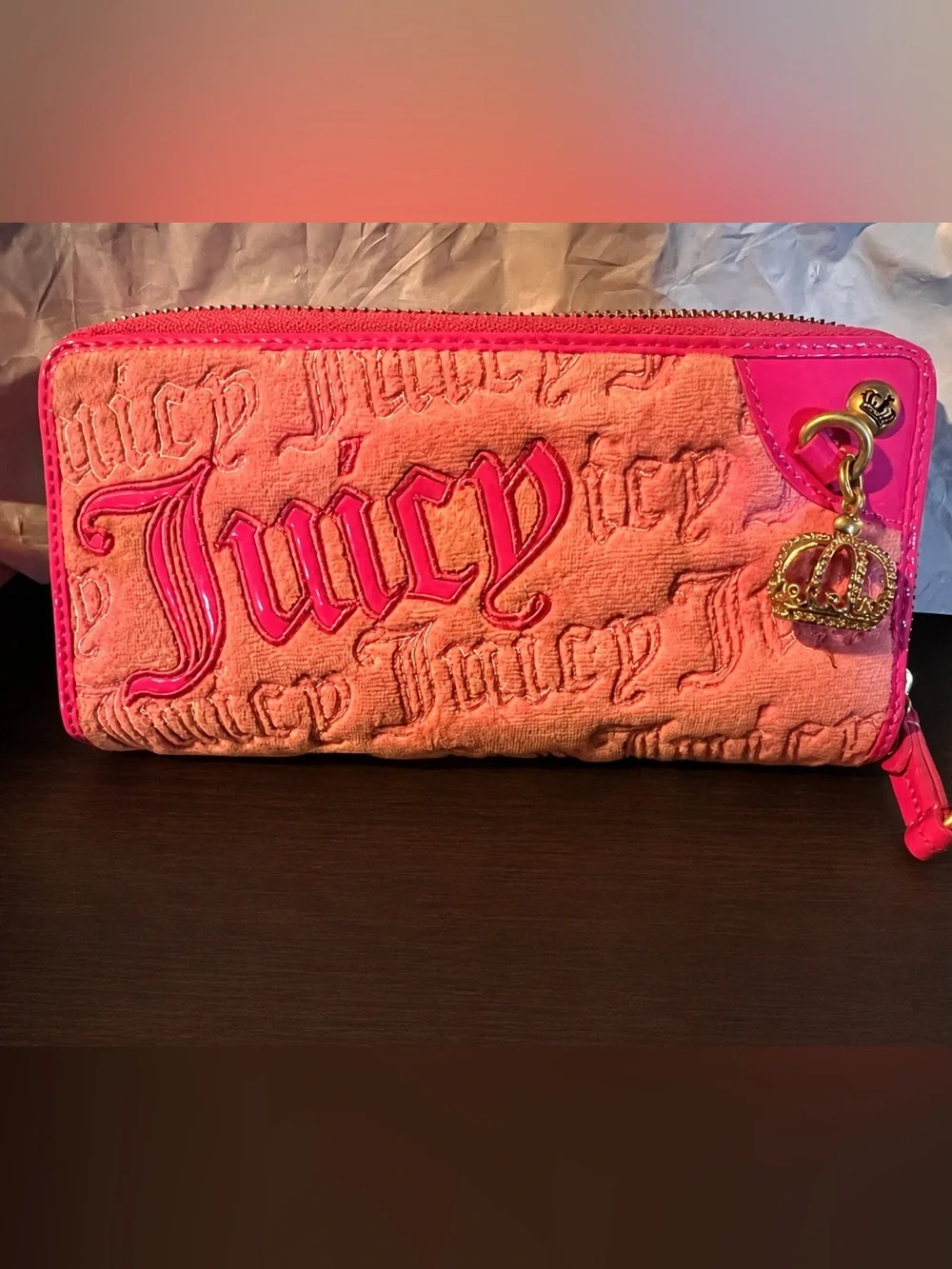 SoldJuicy Couture Hot Pink Embroidered Zip Wallet with Gold Crown Charm-Y2K